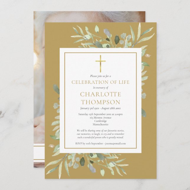 Gold Botanical Celebration of Life Funeral Photo Invitation (Front/Back)