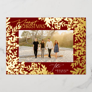 Gold Botanical Classic Red Merry Christmas Photo