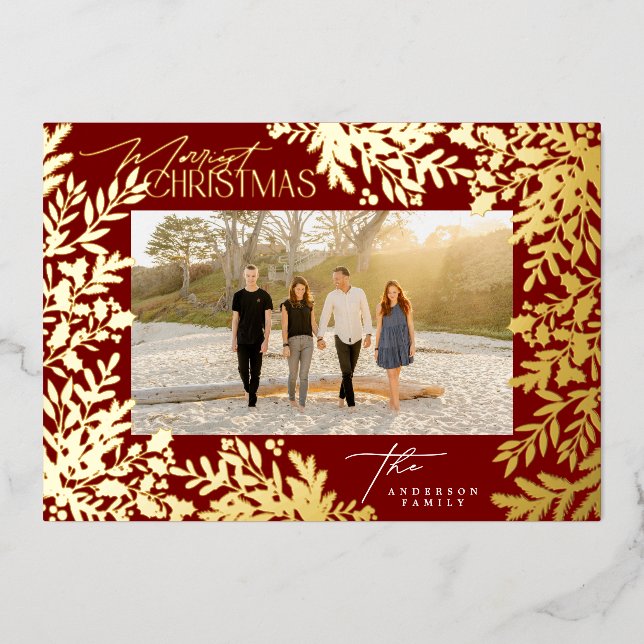 Gold Botanical Classic Red Merry Christmas Photo (Front)