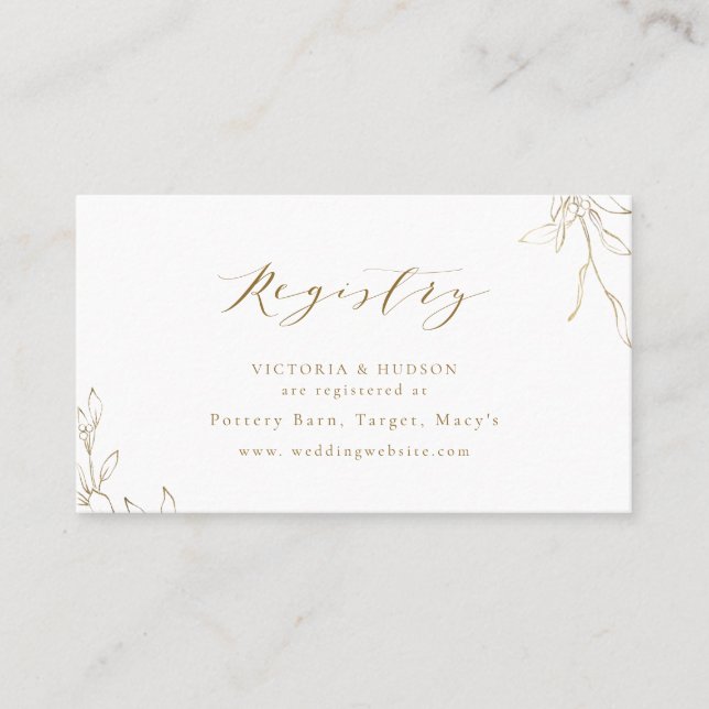 Gold botanical crest monogram bridal Registry card (Front)