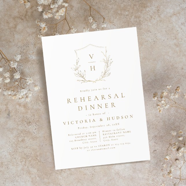 Gold botanical crest monogram rehearsal dinner invitation (Gold botanical crest monogram rehearsal dinner invitation)