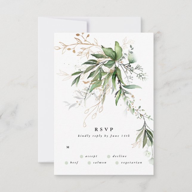 Gold Botanical Eucalyptus Elegant Greenery Sage RSVP Card (Front)