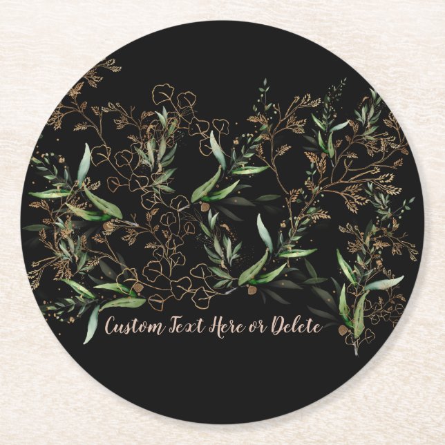 Gold Botanical Eucalyptus Elegant Premium Black Round Paper Coaster (Front)