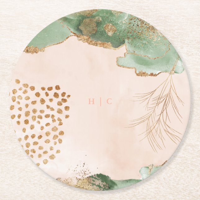 Gold Botanical Eucalyptus Modern Greenery Abstract Round Paper Coaster (Front)