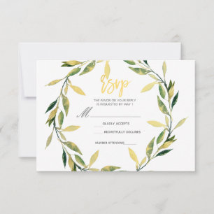 Gold Botanical Green Leaf Wreath Modern RSVP Reply Card