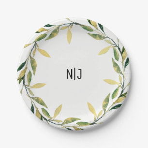 Gold Botanical Green Leaf Wreath Rustic Nature Paper Plate