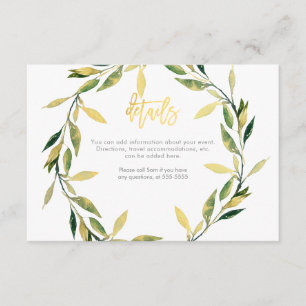 Gold Botanical Green Leaf Wreath Wedding Details Enclosure Card