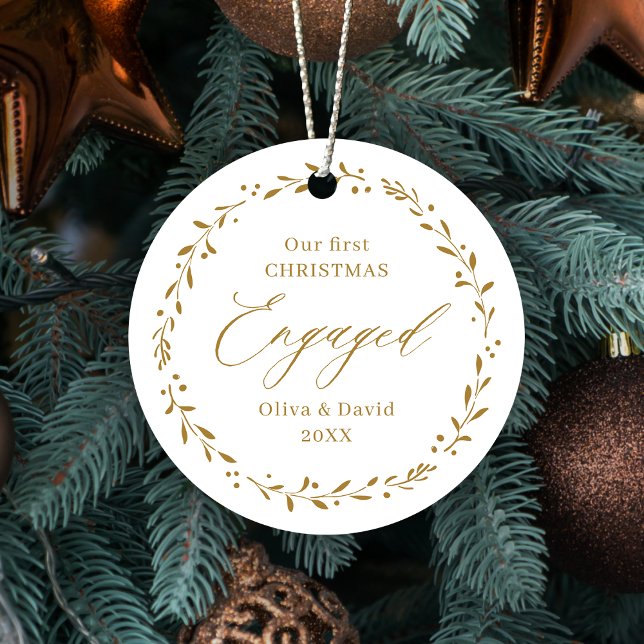Gold Botanical Our First Christmas Engaged Metal Tree Decoration (Gold Botanical Our First Christmas Engaged Metal Ornament)