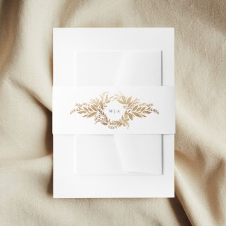 gold botanical wreath double monogram wedding invitation belly band