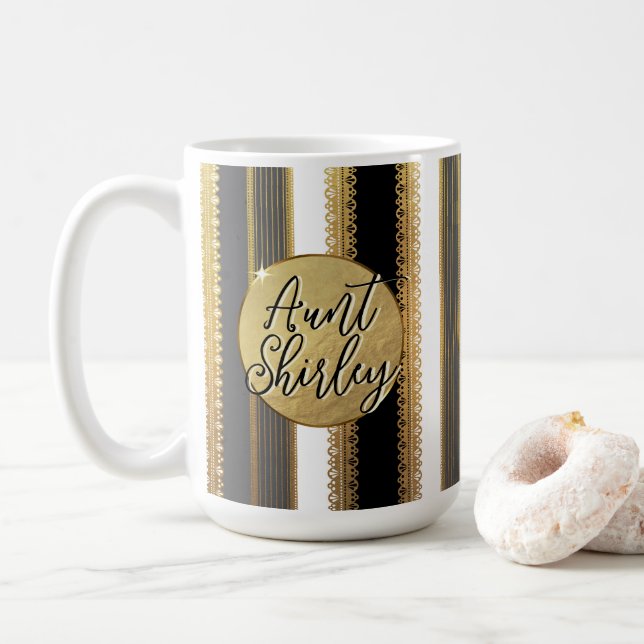 Gold Bougie Stripes Personalised Coffee Mug (With Donut)