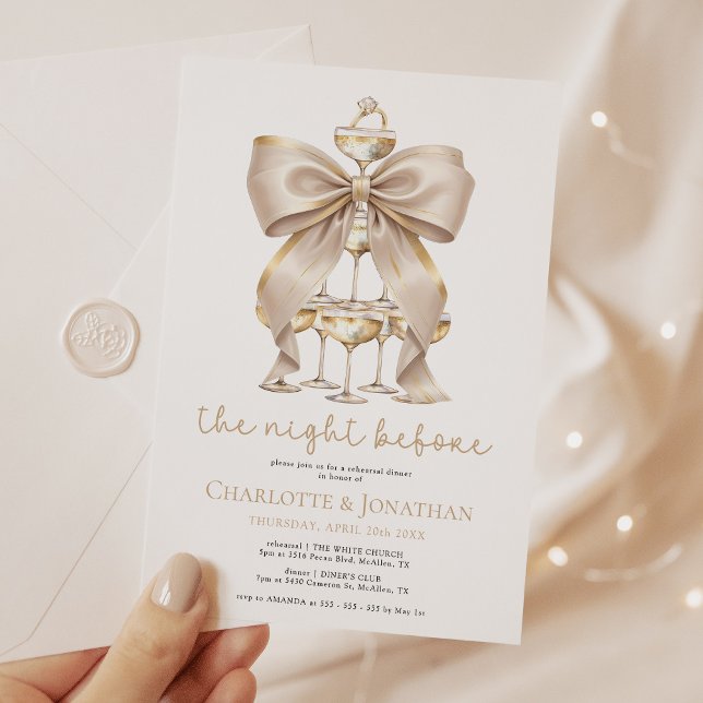 Gold Bow and Champagne Coquette Rehearsal Dinner Invitation (Creator Uploaded)
