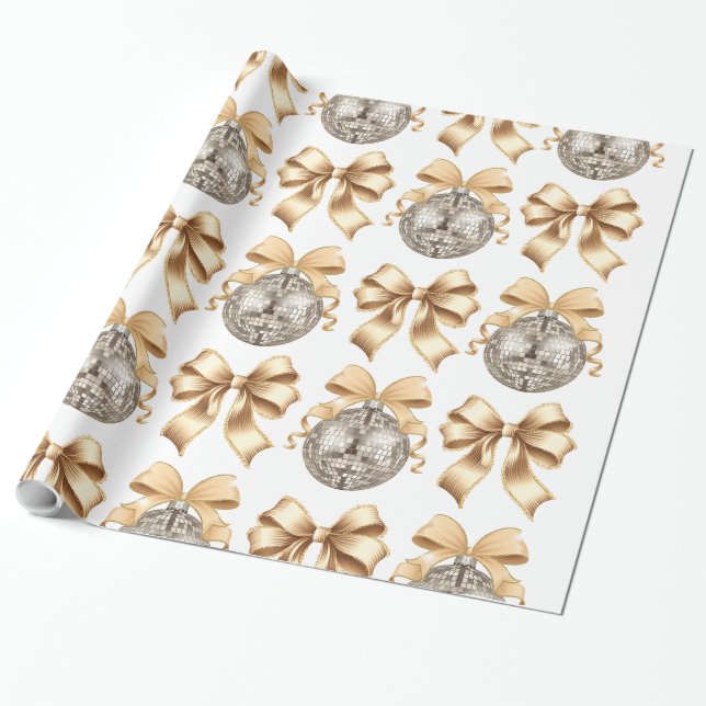  Gold Bow and Disco Ball Wrapping Paper  (Unrolled)