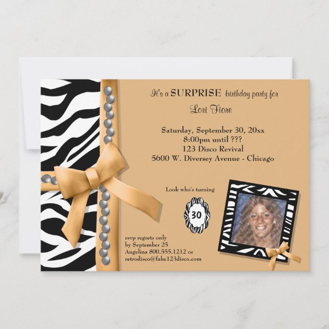Gold Bow And Zebra Striped Birthday Party Invite (Front)