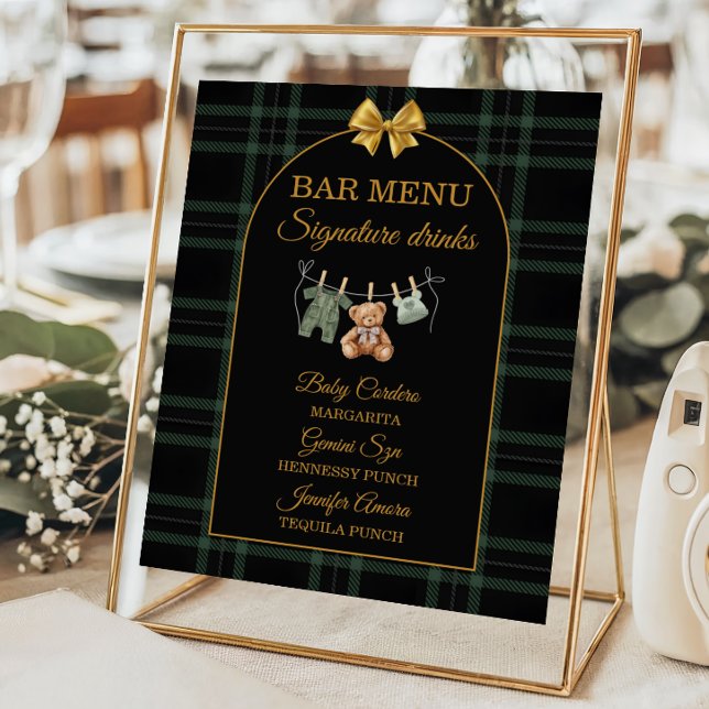 Gold Bow Bear Tartan Baby Shower Bar Menu Poster (Creator Uploaded)