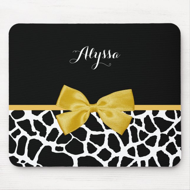 Gold Bow Black and White Giraffe Print With Name Mouse Pad (Front)