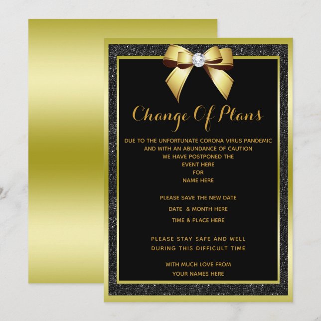 Gold Bow & Black Glitter Change Of Plans Invitation (Front/Back)