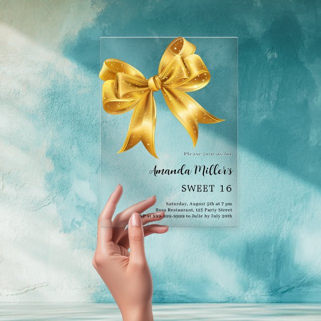 Gold bow clear Sweet 16 Acrylic Invitations (Creator Uploaded)