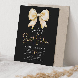 Gold Bow Coquette Script Sweet 16 Party Black Invitation