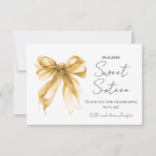 Gold Bow Coquette Script Sweet 16 Thank You Card