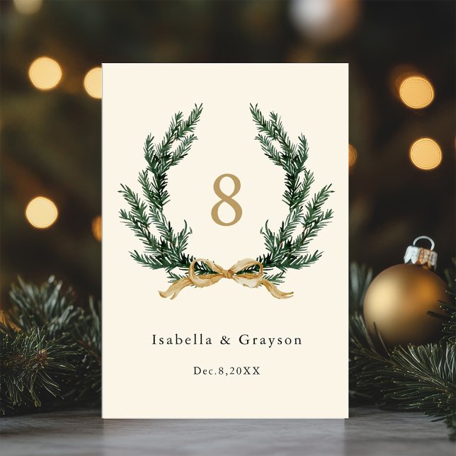 Gold Bow & Evergreen Pine Wreath Wedding Ivory Table Number (Creator Uploaded)