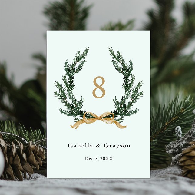 Gold Bow & Evergreen Pine Wreath Wedding Mint Table Number (Creator Uploaded)