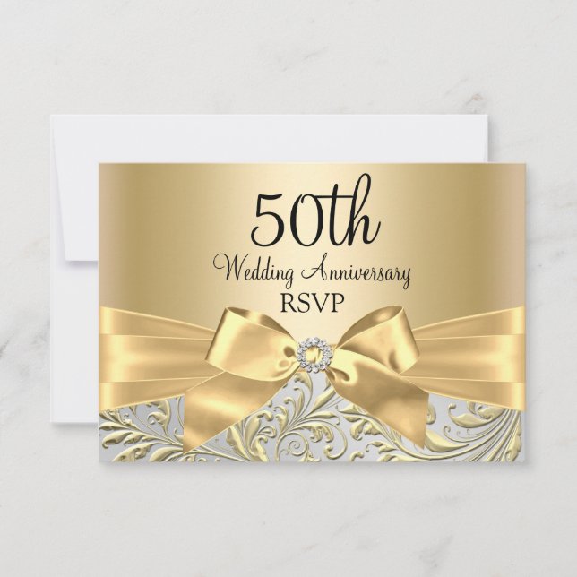 Gold Bow Floral Swirl 50th Anniversary RSVP Card (Front)