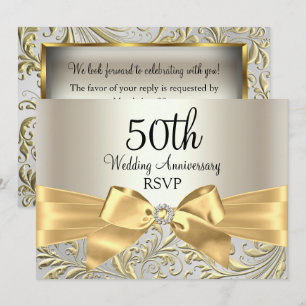 Gold Bow & Floral Swirl 50th Anniversary RSVP Invitation
