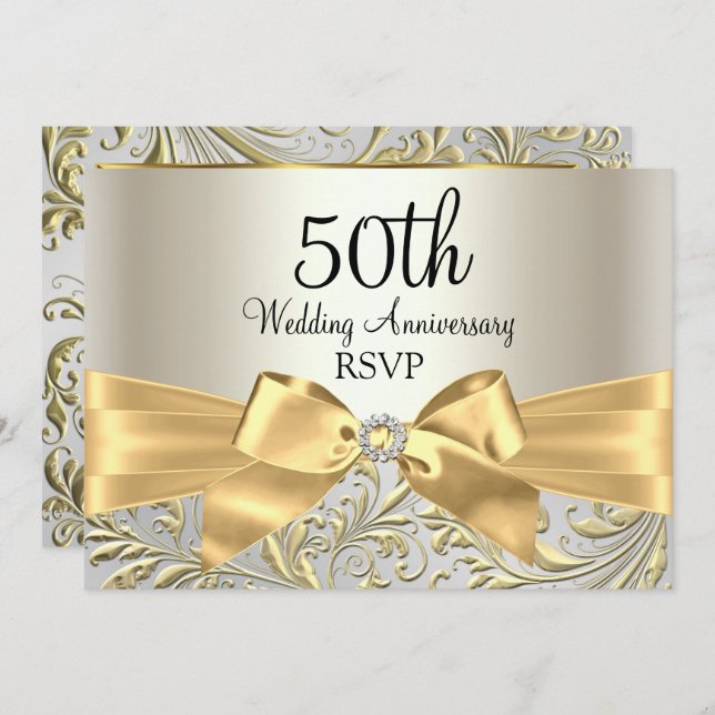 Gold Bow & Floral Swirl 50th Anniversary RSVP Invitation (Front/Back)