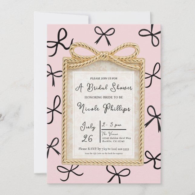 Gold Bow Frame & Little Black Bows Bridal Shower  Invitation (Front)