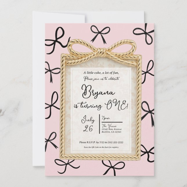 Gold Bow Frame Little Black Bows Pink 1st Birthday Invitation (Front)