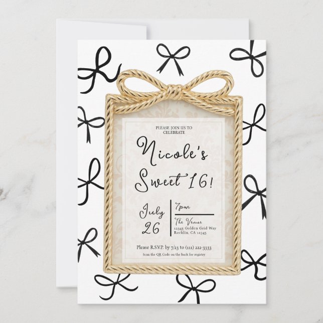 Gold Bow Frame & Little Black Bows Sweet 16 Photo  Invitation (Front)