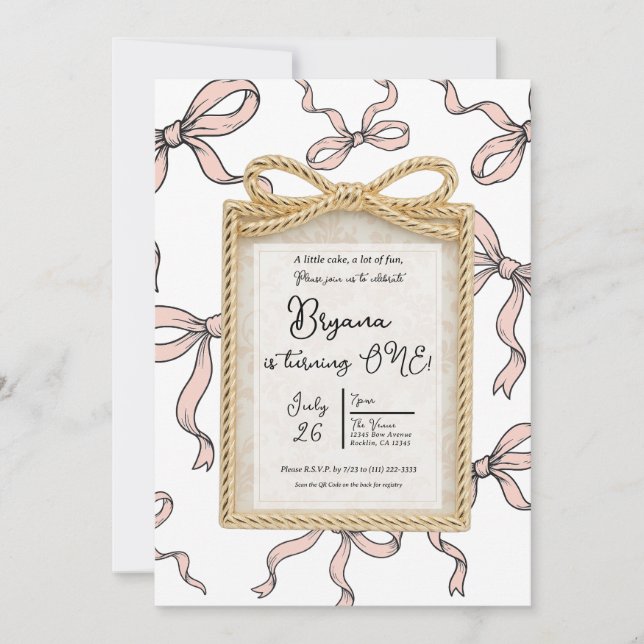 Gold Bow Frame Pink Ribbon Bow 1st Birthday Invitation (Front)