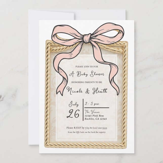 Gold Bow Frame Pink Ribbon Bow Baby Shower Invitation (Front)