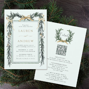 Gold Bow & Green Garland Wedding All in One Mint Invitation