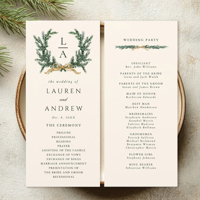 Gold Bow & Green Garland Wedding Ceremony Ivory Programme (Front & Back)