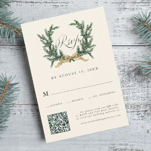 Gold Bow & Green Pine Wreath Wedding QR Code Ivory RSVP Card