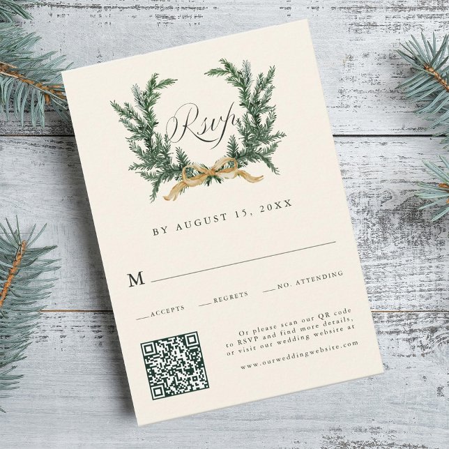 Gold Bow & Green Pine Wreath Wedding QR Code Ivory RSVP Card (Creator Uploaded)
