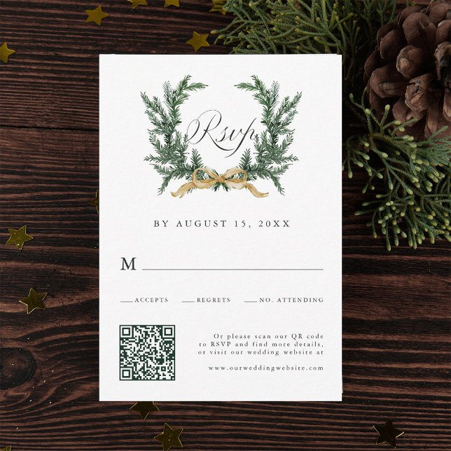 Gold Bow & Green Pine Wreath Wedding QR Code RSVP Card (Creator Uploaded)