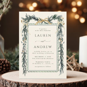 Gold Bow & Greenery Garland Wedding Ivory Invitation