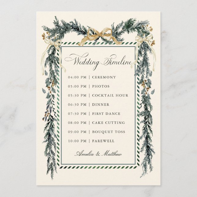 Gold Bow & Greenery Garland Wedding Timeline Ivory Programme (Front)