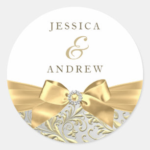 Gold Bow Leaf White Wedding Engagement Anniversary Classic Round Sticker