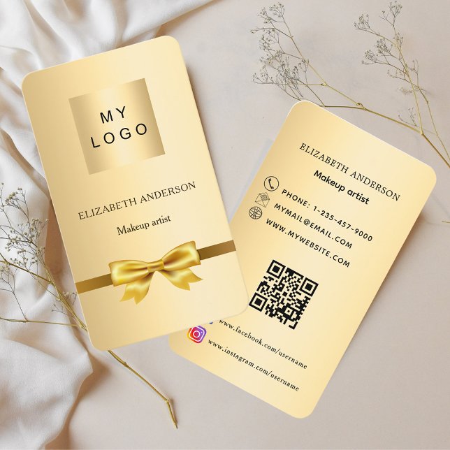 Gold bow logo Qr code social media Business Card (Creator Uploaded)