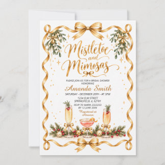 Gold Bow Mistletoe & Mimosas Holiday Bridal Shower Invitation