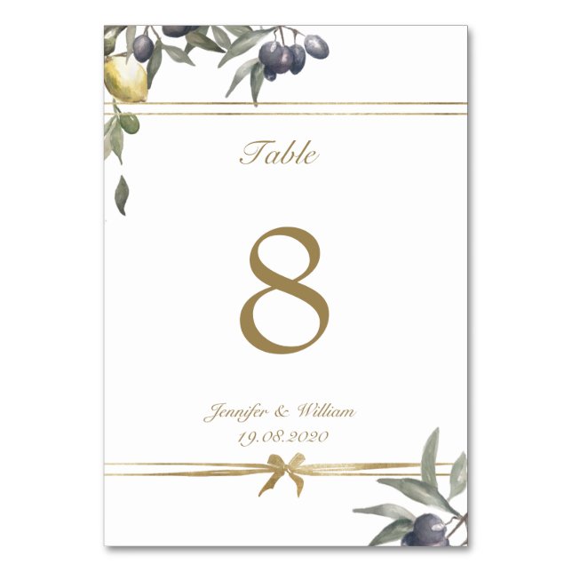 Gold bow Olives & Lemons Table Number (Front)