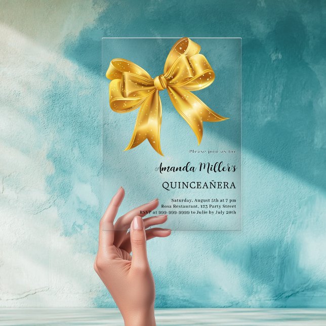 Gold bow Quinceanera luxury clear Acrylic Invitations (Creator Uploaded)