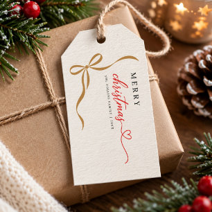 Gold Bow Red Script Christmas Holiday Gift Tags