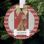 Gold Bow Red & White Swirl Pattern Dog Bone Photo Ornament<br><div class="desc">Fun and festive pet photo ornament. Our design features a fund white and red swirl pattern background. **Note background colour can be changed to any colour ** Customise with your pet's photo and name placed on the white done bone. A Beautiful faux golden bow is added to the top of...</div>