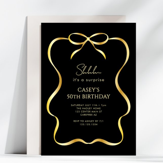 Gold Bow Ribbon Surprise 50th Birthday Invitation (Creator Uploaded)