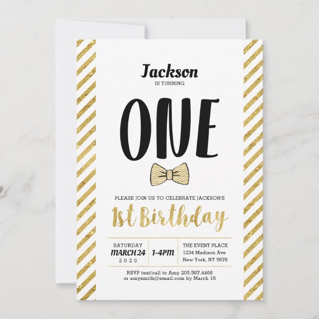 Gold, Bow Tie | Boy 1st Birthday Invitation (Front)