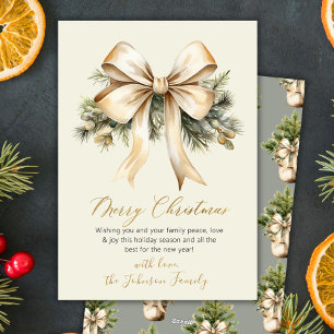 Gold Bow Watercolor Christmas Foliage Beige Holiday Card